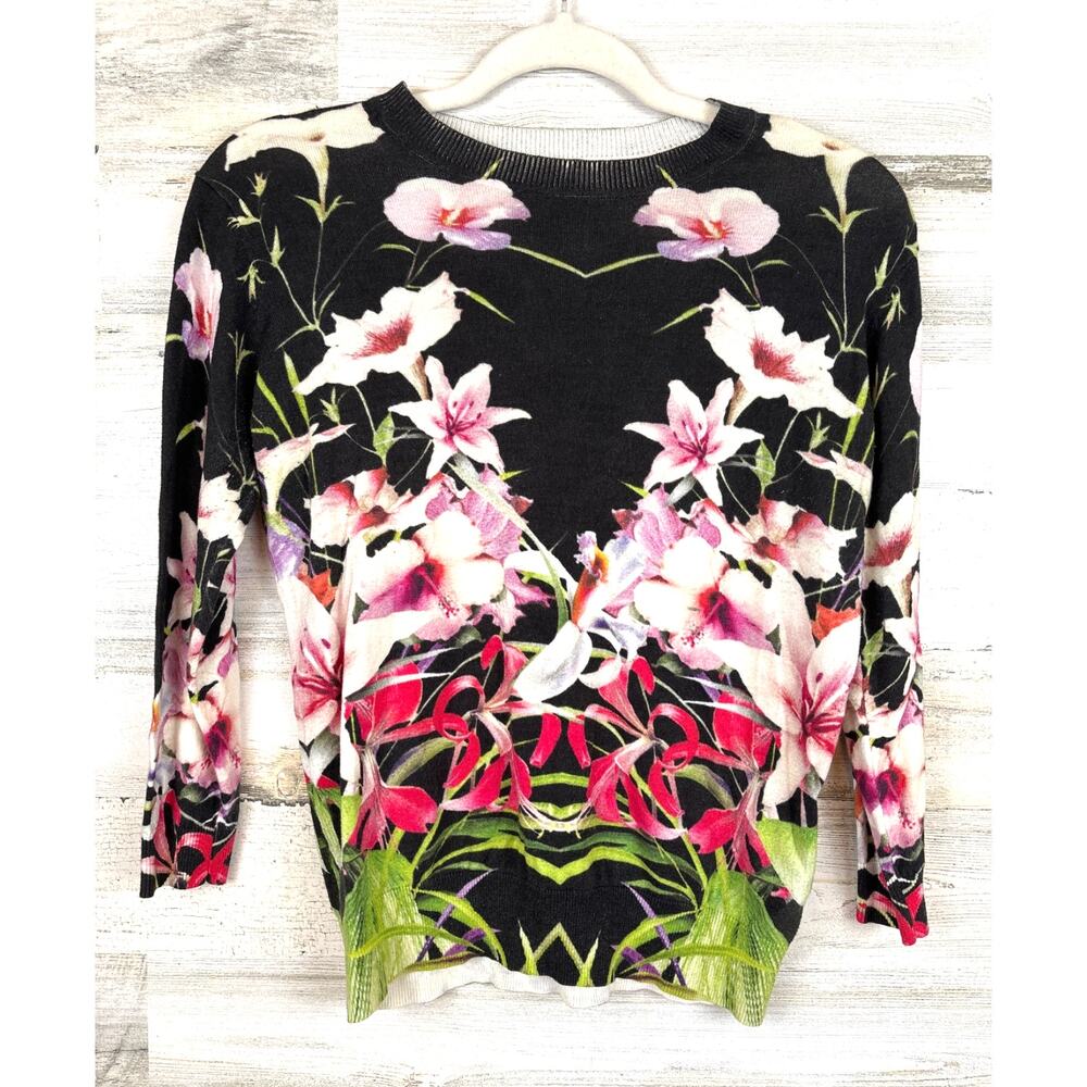 Ted Baker London Womens 0 Black Multi Adolie Mirrored Tropics Sweater Light